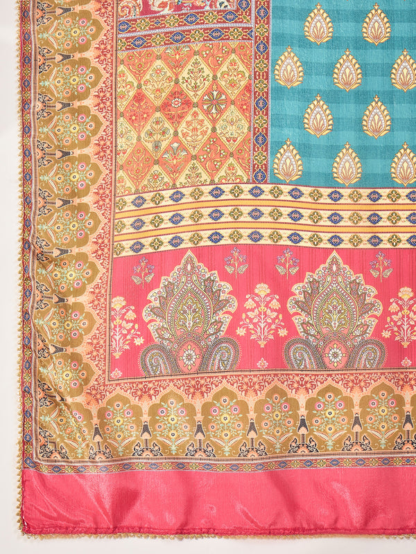 Teal Serenade Silk Blend Embroidered Kurta Set with Dupatta