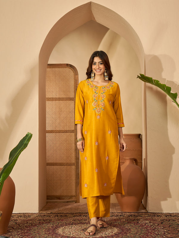 Marigold Muse Mustard Sequinned Embroidered Silk Blend Kurta Set with Dupatta