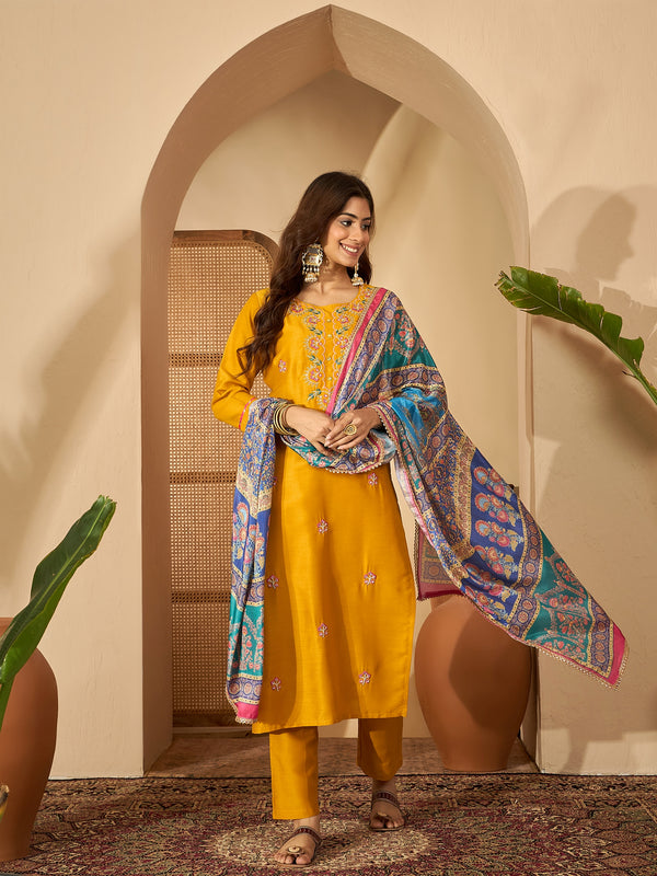 Marigold Muse Mustard Sequinned Embroidered Silk Blend Kurta Set with Dupatta