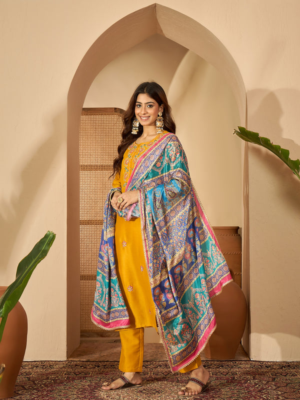 Marigold Muse Mustard Sequinned Embroidered Silk Blend Kurta Set with Dupatta