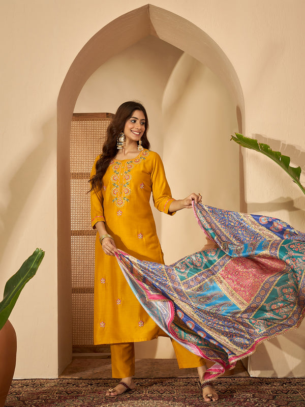 Marigold Muse Mustard Sequinned Embroidered Silk Blend Kurta Set with Dupatta