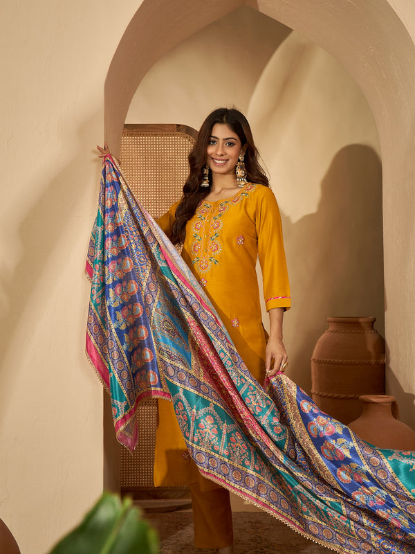 Marigold Muse Mustard Sequinned Embroidered Silk Blend Kurta Set with Dupatta
