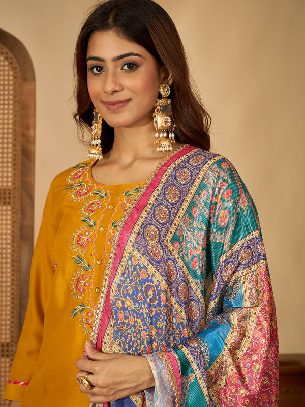 Marigold Muse Mustard Sequinned Embroidered Silk Blend Kurta Set with Dupatta