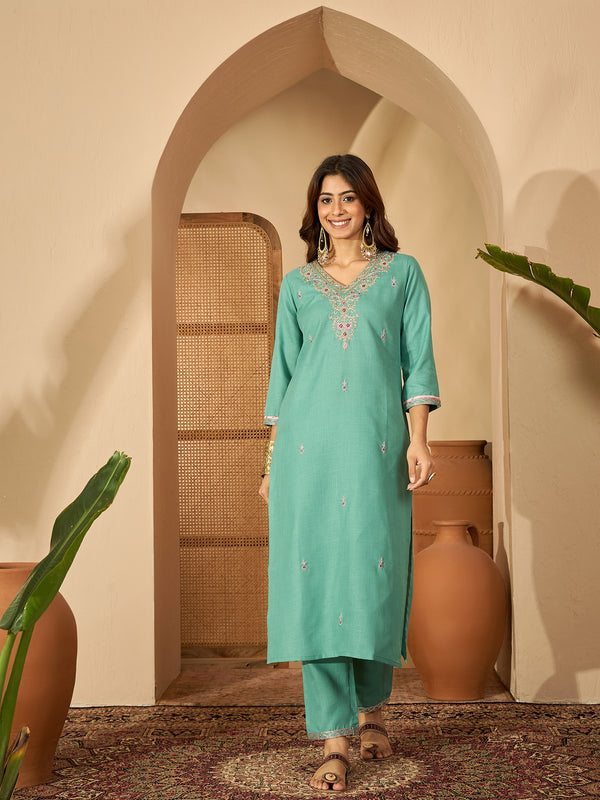 Seaside Glow Silk Blend Sea Green Embroidered Kurta Set with Dupatta