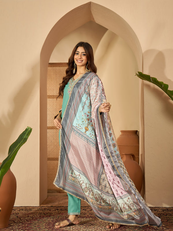 Seaside Glow Silk Blend Sea Green Embroidered Kurta Set with Dupatta