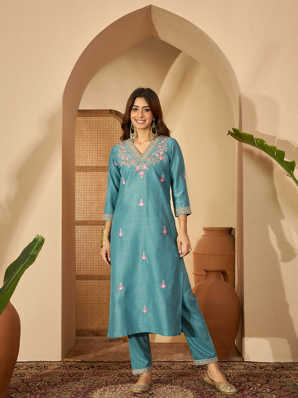 Tidal Bloom Embroidered Turquoise Silk Blend Kurta Set with Dupatta