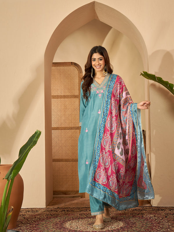 Tidal Bloom Embroidered Turquoise Silk Blend Kurta Set with Dupatta