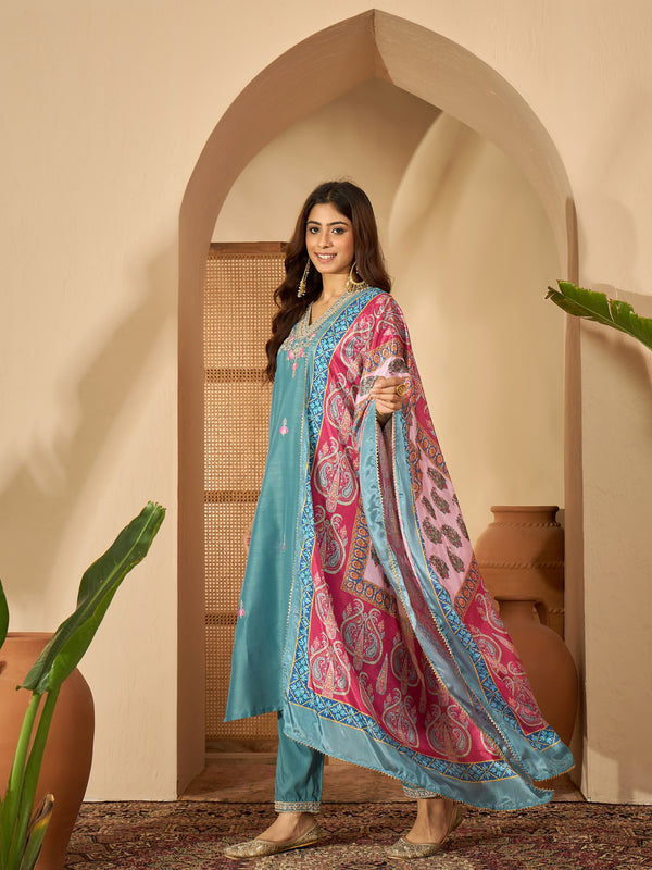 Tidal Bloom Embroidered Turquoise Silk Blend Kurta Set with Dupatta
