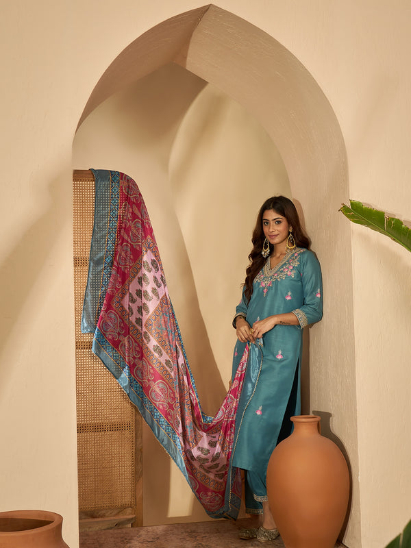 Tidal Bloom Embroidered Turquoise Silk Blend Kurta Set with Dupatta
