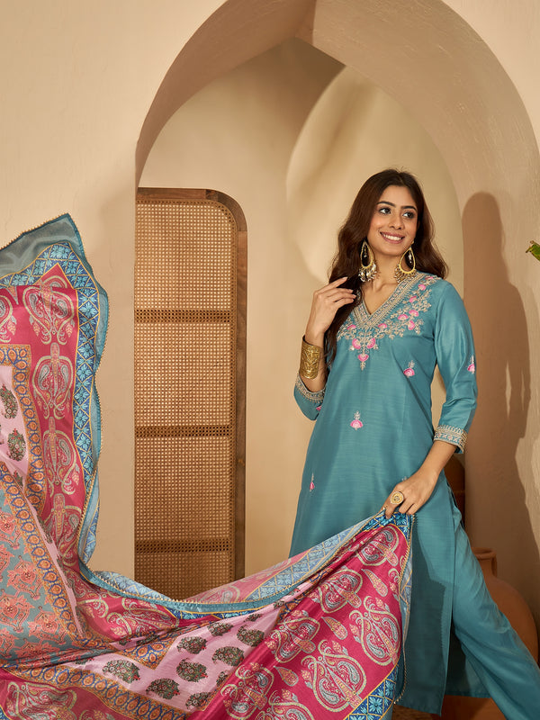 Tidal Bloom Embroidered Turquoise Silk Blend Kurta Set with Dupatta