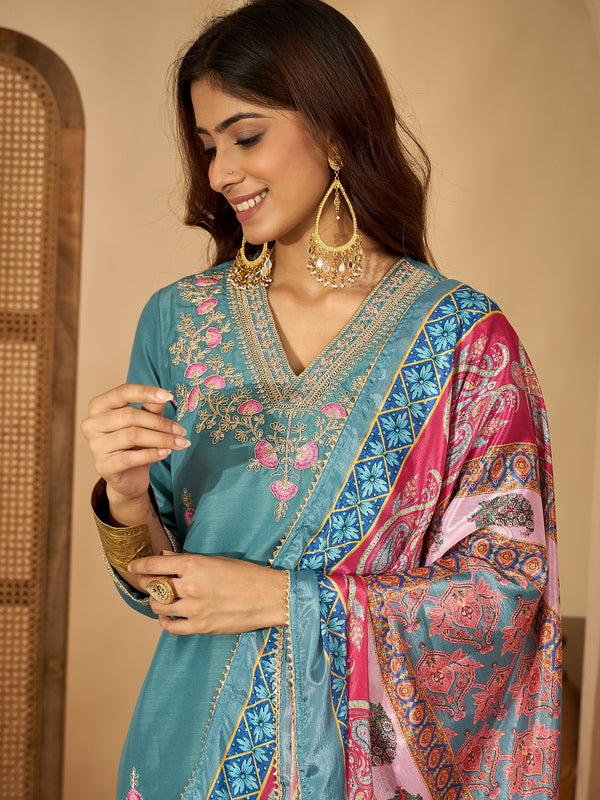 Tidal Bloom Embroidered Turquoise Silk Blend Kurta Set with Dupatta