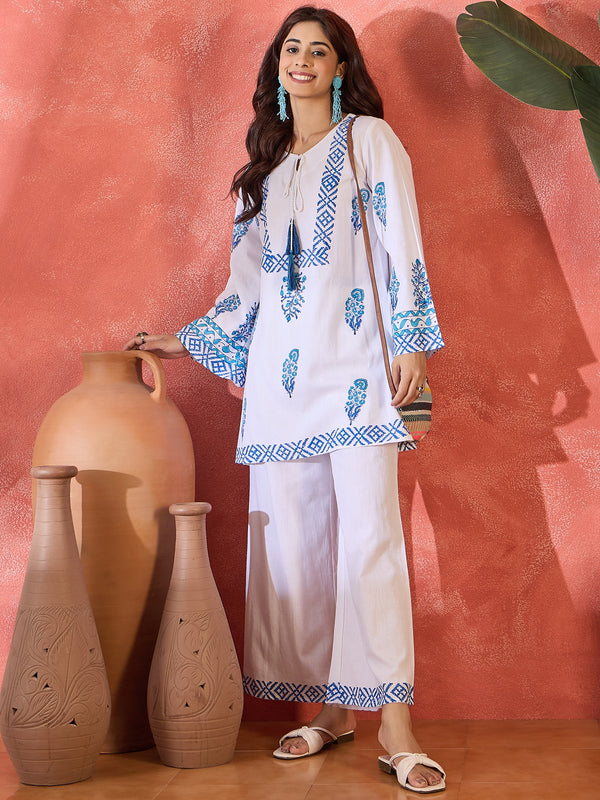 Nilaya Blue Block Printed Pure Cotton Tunic & Trousers Co-Ord Set