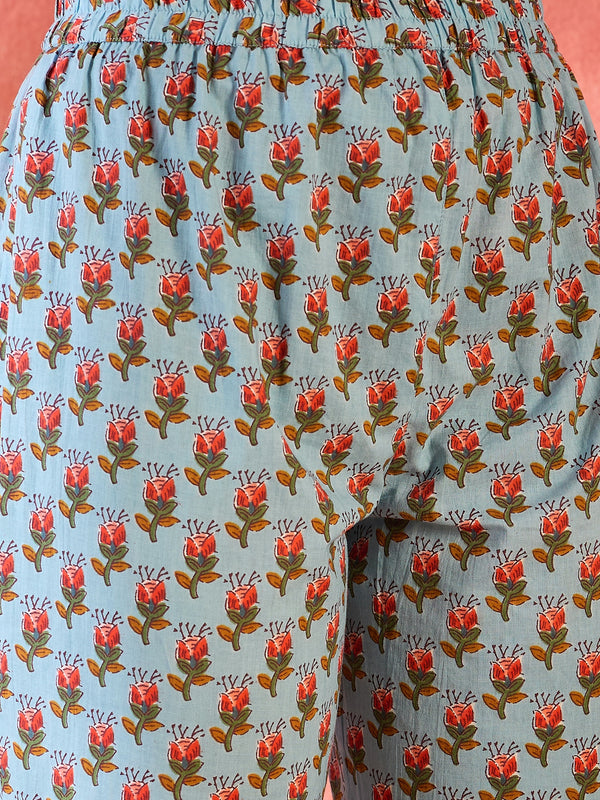 Sage Bloom Floral Printed & Embroidered Pure Cotton Anarkali Kurta with Trouser & Dupatta