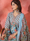 Sage Bloom Floral Printed & Embroidered Pure Cotton Anarkali Kurta with Trouser & Dupatta
