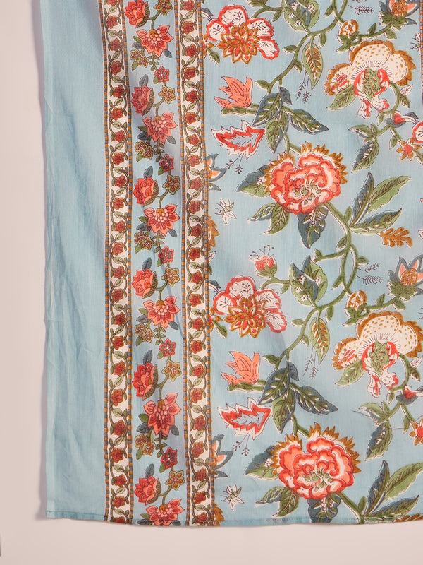 Sage Bloom Floral Printed & Embroidered Pure Cotton Anarkali Kurta with Trouser & Dupatta