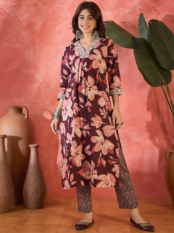 Cocoa Bloom Brown Pure Cotton Printed Kurta Set with Dupatta