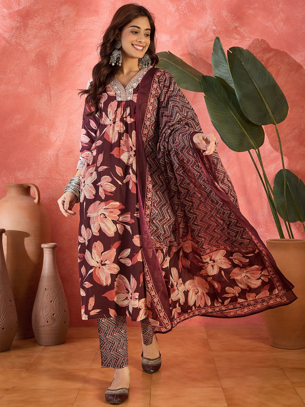 Cocoa Bloom Brown Pure Cotton Printed Kurta Set with Dupatta