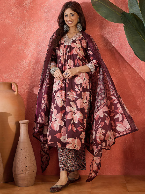 Cocoa Bloom Brown Pure Cotton Printed Kurta Set with Dupatta