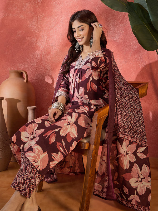 Cocoa Bloom Brown Pure Cotton Printed Kurta Set with Dupatta