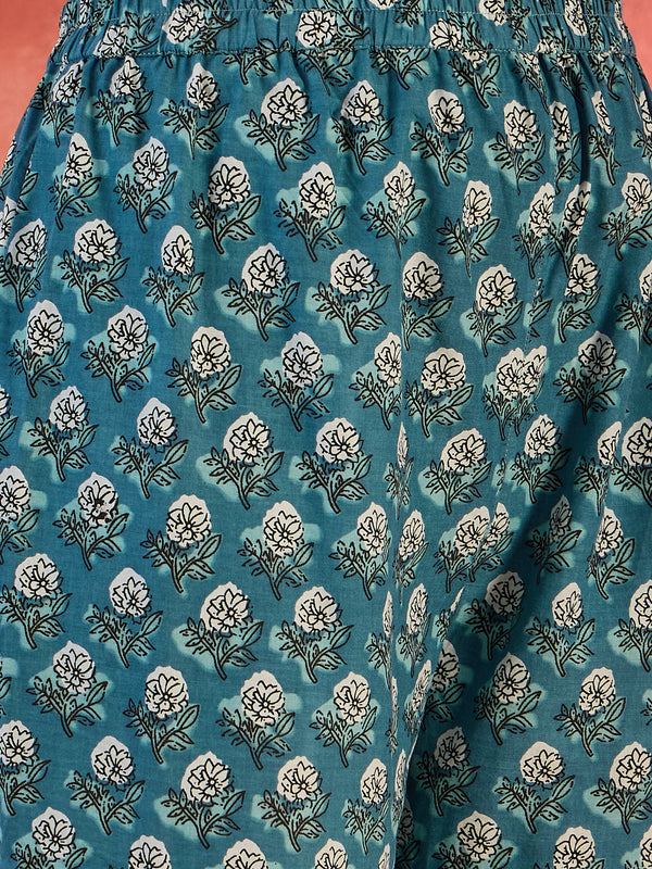 Crystal Wave Turquoise Pure Cotton Printed Kurta Sharara Set with Dupatta