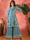Crystal Wave Turquoise Pure Cotton Printed Kurta Sharara Set with Dupatta