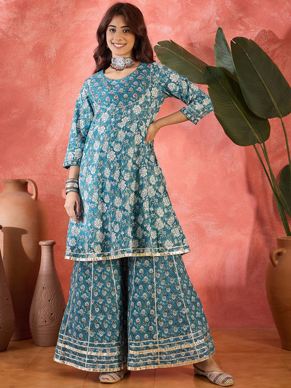 Crystal Wave Turquoise Pure Cotton Printed Kurta Sharara Set with Dupatta