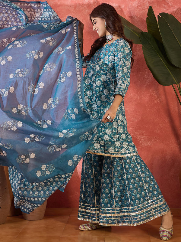 Crystal Wave Turquoise Pure Cotton Printed Kurta Sharara Set with Dupatta
