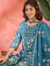 Crystal Wave Turquoise Pure Cotton Printed Kurta Sharara Set with Dupatta