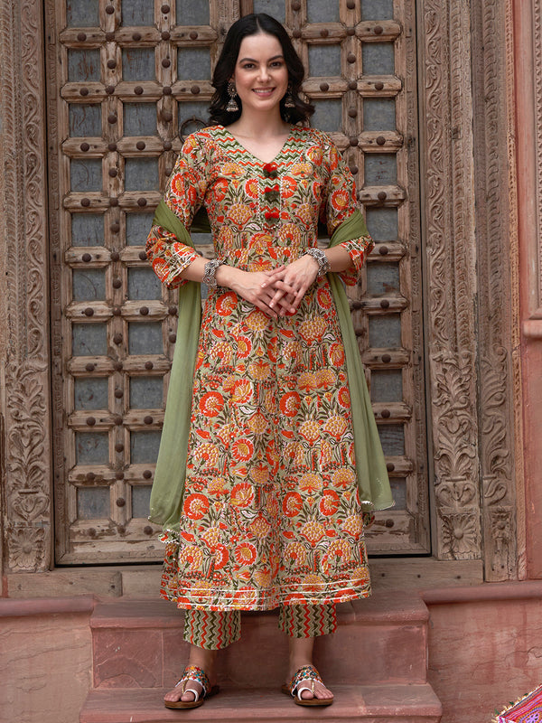Orange Printed Gotta Patti Detail Pure Cotton A-Line Kurta With Trousers & Dupatta