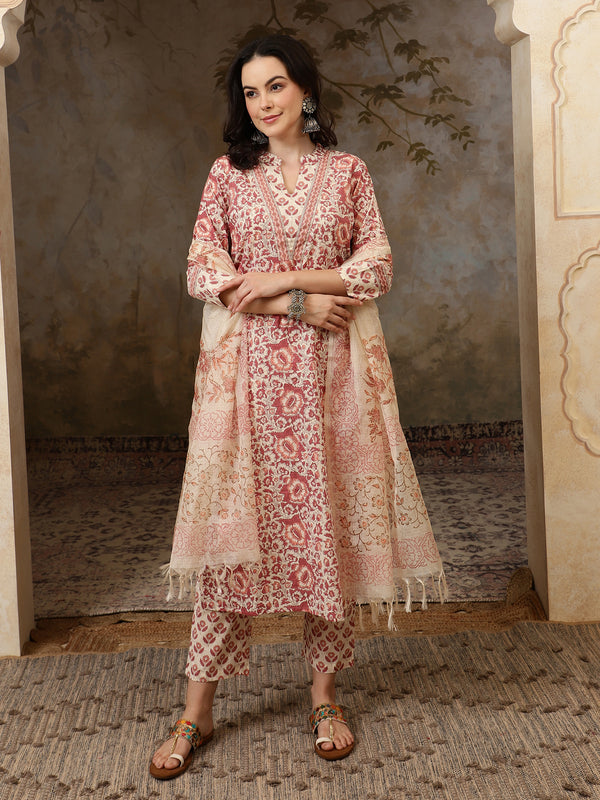 Amaira Floral Printed Straight Pure Cotton Kurta Set with Trousers & Dupatta