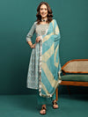 Gleam Garden Floral Printed Pleated Mirror Work A-Line Kurta With Trouser & Dupatta