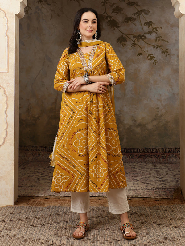 Sunehri Raag Bandhani Printed Pure Cotton Anarkali Kurta Set with Dupatta