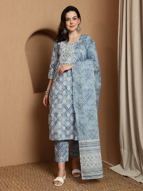 Heritage Hues Ethnic Motifs Printed Pure Cotton Straight Kurta & Trousers With Dupatta
