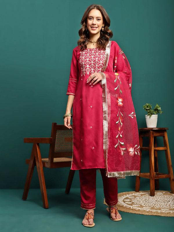 Aurora Thread Floral Embroidered Round-Neck Straight Kurta With Trousers & Dupatta