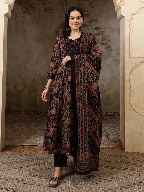 Inaya Black Floral Bead & Stone Work Cotton Anarkali Kurta Set with Dupatta