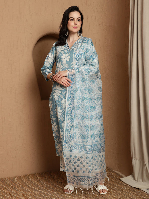 Blue Haven Premium Embroidered Kurta Trouser & Dupatta Set