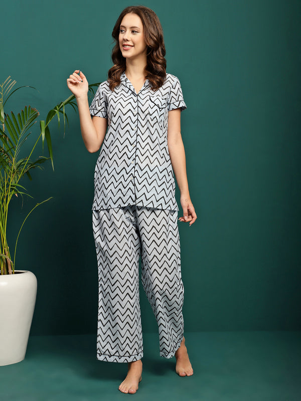 Zig Aura Chevron Printed Pure Cotton Shirt & Pyjama Co-Ord Set