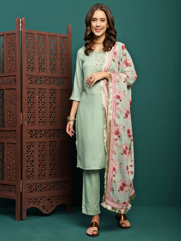 Mint Mirage Floral Embroidered Kurta & Trouser With Dupatta Set