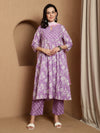 Lavender Bloom Floral Printed Notch Neck Pure Cotton Anarkali Kurta & Trousers With Dupatta