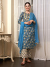 Aqua Bloom Turquoise Cotton Printed Kurta Pant with Dupatta Set Ethnic Wear for Women
