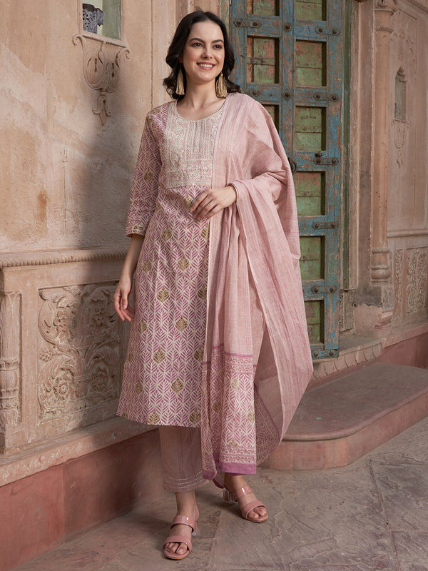 Mauve coloured Floral Printed Pure Cotton Kurta with Churidar & With Dupatta