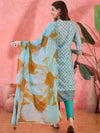 Skyline Bloom Blue Floral Printed Cotton Kurta with Trouser & Dupatta
