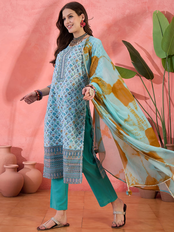 Skyline Bloom Blue Floral Printed Cotton Kurta with Trouser & Dupatta