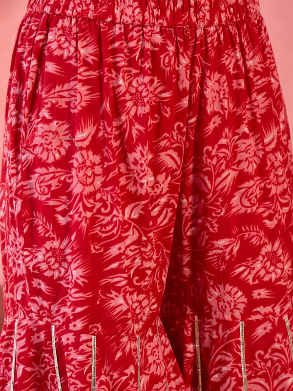 Carmine Red Floral Cotton Anarkali Kurta with Sharara & Dupatta