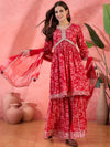 Carmine Red Floral Cotton Anarkali Kurta with Sharara & Dupatta