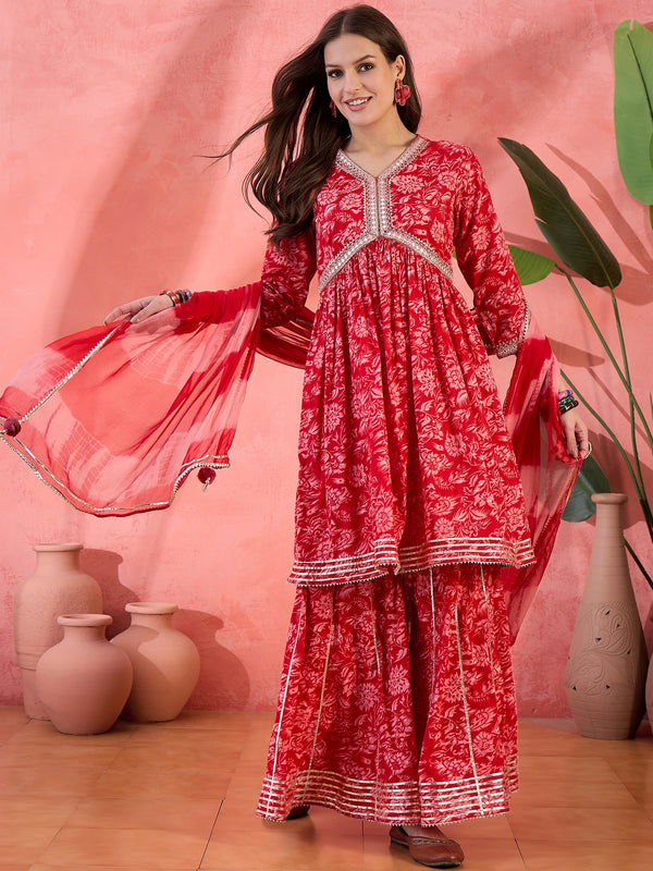 Carmine Red Floral Cotton Anarkali Kurta with Sharara & Dupatta