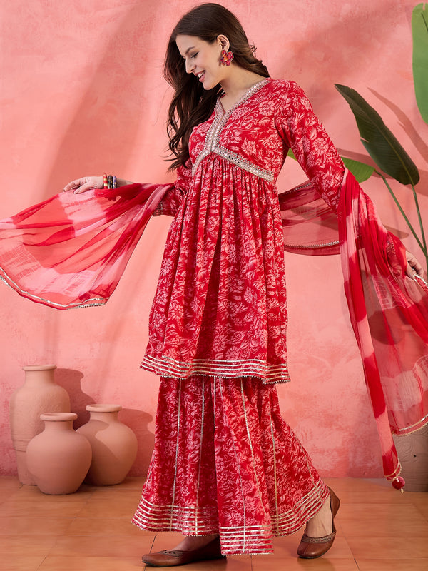 Carmine Red Floral Cotton Anarkali Kurta with Sharara & Dupatta