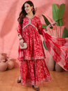 Carmine Red Floral Cotton Anarkali Kurta with Sharara & Dupatta