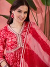 Carmine Red Floral Cotton Anarkali Kurta with Sharara & Dupatta
