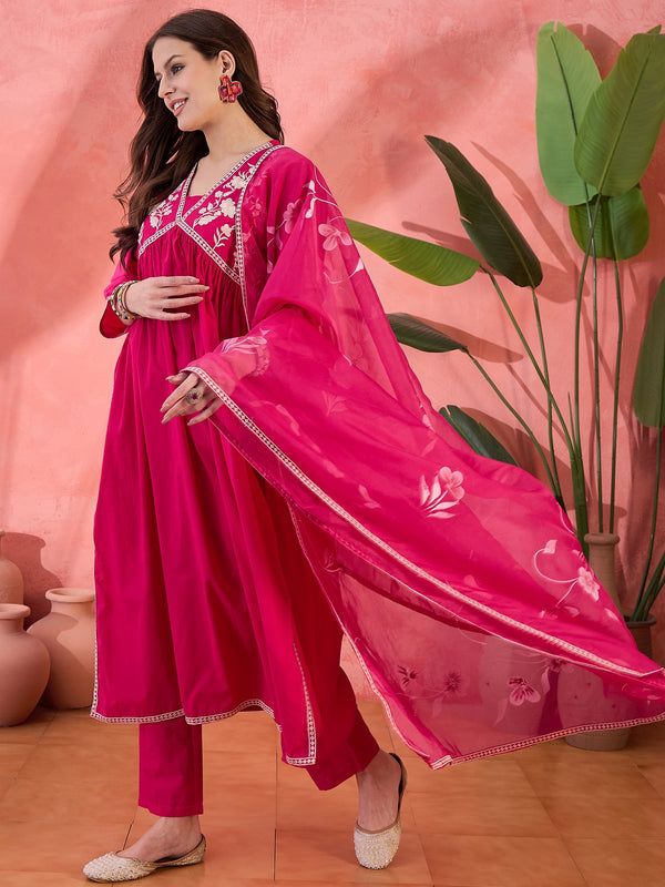 Rosevale Grace Floral Yoke Design Cotton Kurta with Trouser & Dupatta